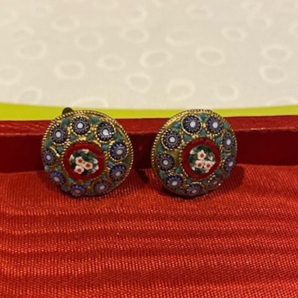 VTG Micro Mosaic Gold Glass Bead EARRINGS - Picture 3 of 6